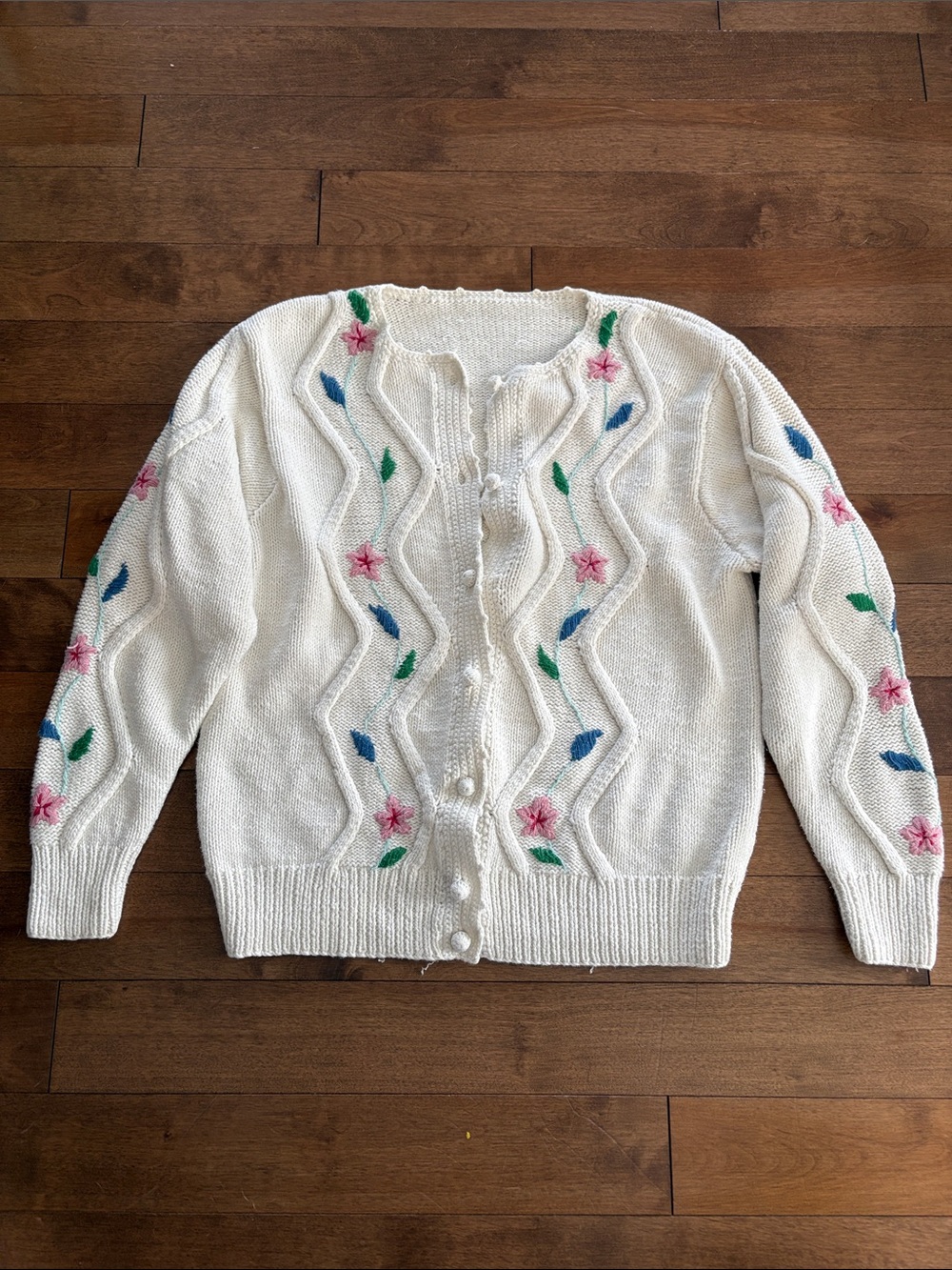 Cotton Cream Floral Embroidered Button-Front Women's Grannycore Sweater